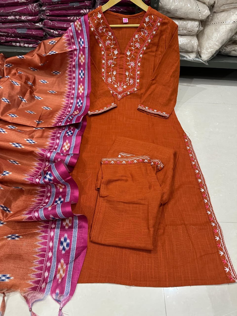 Rust Handloom Kurta Pant with Silk Dupatta